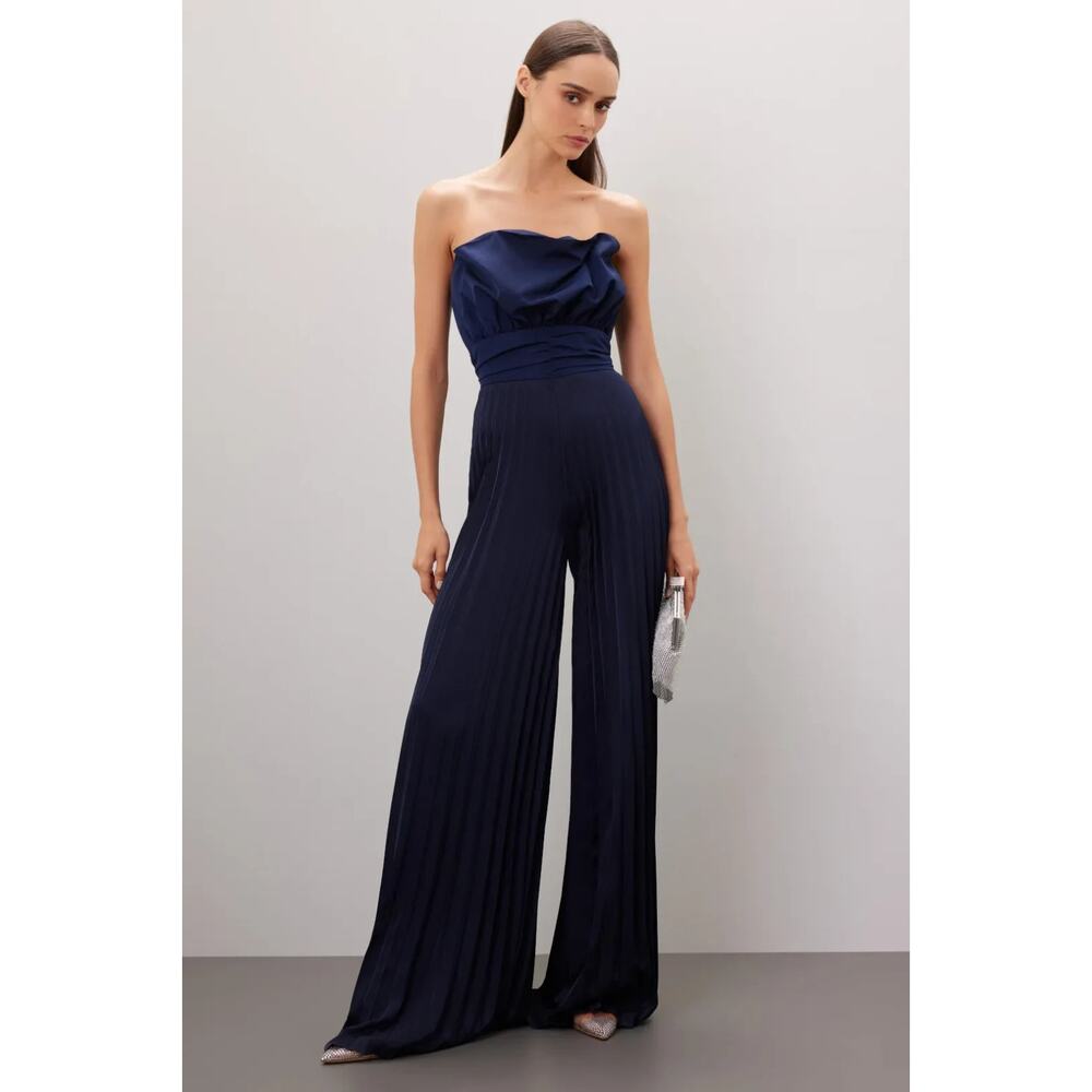 One33 Social Satin Navy Pleated Jumpsuit Designer Size 12